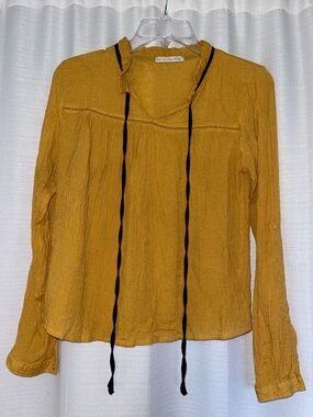 Mustard Crinkle Tie-Neck Blouse with Black Ties
